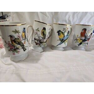 Vintage Royal Crown Birds Mug Footed Tea Cup Bird Gold Painted Trim, Set 4 Cups